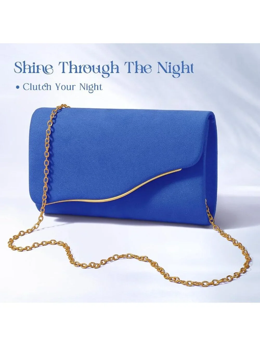 Women’s Blue Formal Clutch Purse Elegant Evening Bag Detachable Chain Strap